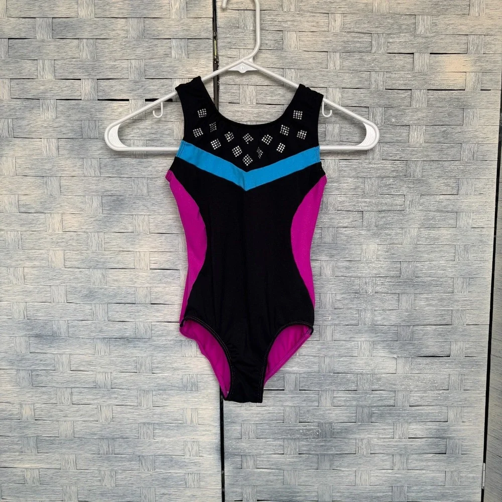 Danskin Freestyle Child Small Gymnastics‎ Leotard Black Pink Blue Rhinestone
